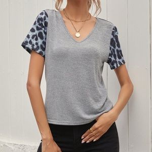 Leopard Sleeve V Neck Top